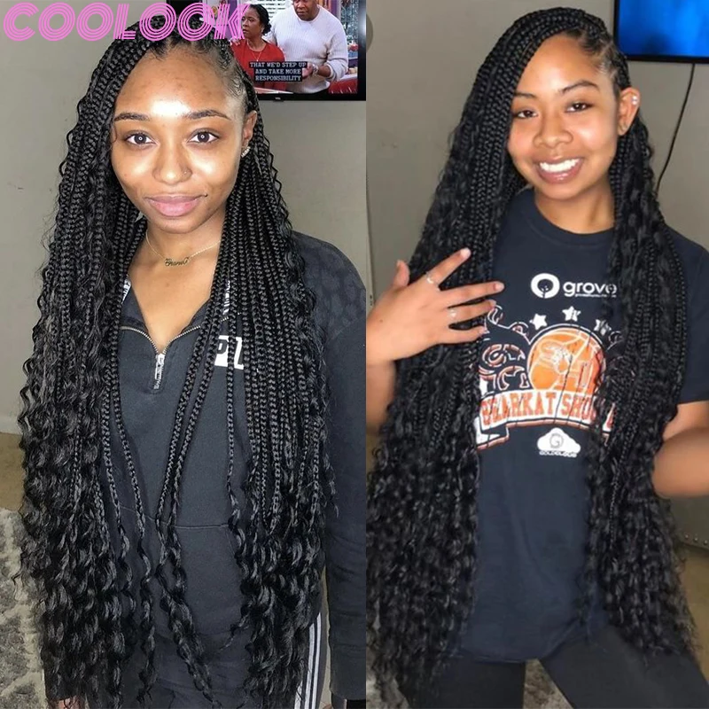 Synthetic Box Braided Full Lace Wigs 32'' Bohemian Goddess Square Part Braid Lace Front Wig Dark Brown Braids Wig with Curly End