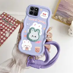 Charming Rabbit Phone Accessory Set: Case, Lanyard, and Stand for Honor X8 4G (PURPLE)
