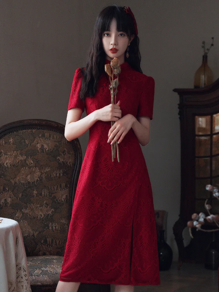 Chinese Style Red Lace Short Sleeve Cheongsam Slim Dress Elegant  Traditional Evening Dresses Qipao - AliExpress 200000532