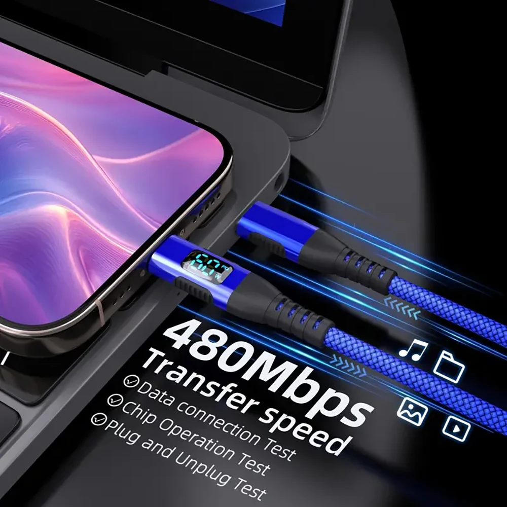 Power Display 100W Type C to Type C Fast Charging Data Cable Nylon Braided High Grade 480Mbps Compatible for iPhone15 16 Samsung