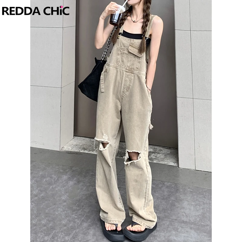 

ReddaChic Women Ripped Holes Denim Overalls 90s Retro Khaki Bib Pocket Destroyed Wide Leg Jumpsuit Y2k Cowgirl Rompers Workwear