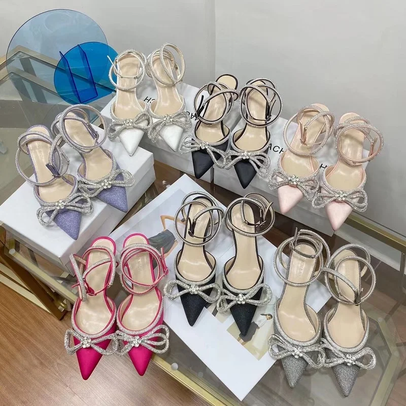 

Summer Women Sandals Pointed Toe High Heels Pumps Sexy Shoes Luxury Designer Rhinestone Diamond Butterfly-Knot Bling Dress Shoes