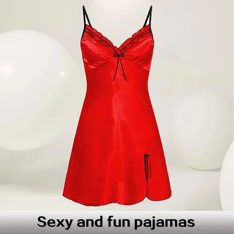 Women Nightgowns Summer Women Suspender Lace Sexy V-Neck Lace Hem Slightly Slit Dress Pajamas