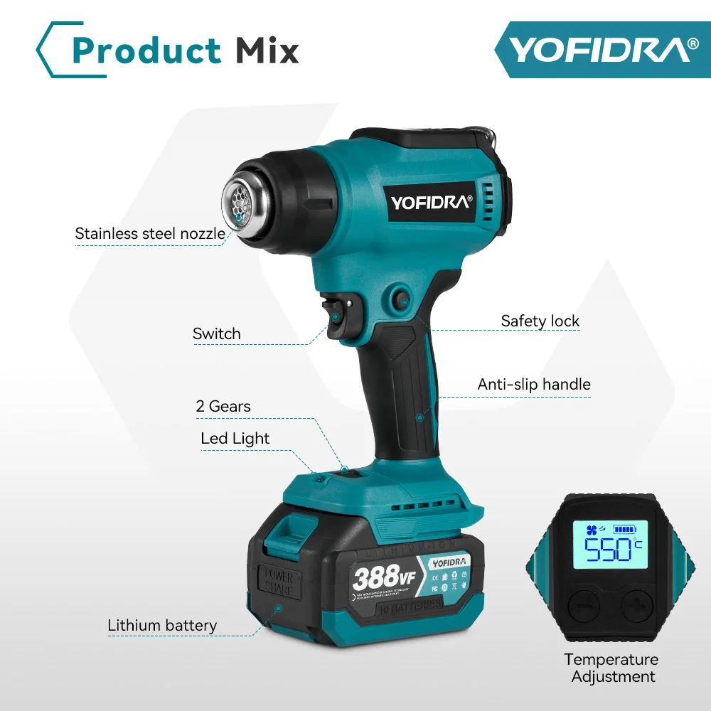 Yofidra 550 ℃ Heteluchtpistool 2200W 2e Versnelling Temperatuur Led Temperatuur Display Voor Makita 18V Batterij Heat Gun Met 3 Nozzles