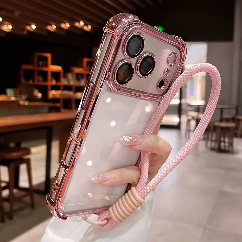 3D Electroplating Hand Strap Phone Case with Lens Protector - Transparent Soft Cover