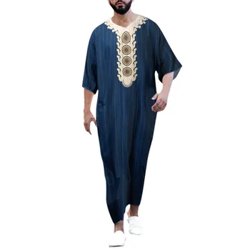 Muslim Men'S Clothing Hand-Embroidered Loose Breathable Summer Fashion Loose Robe Dubai Luxury V-Neck Short Sleeve Printing