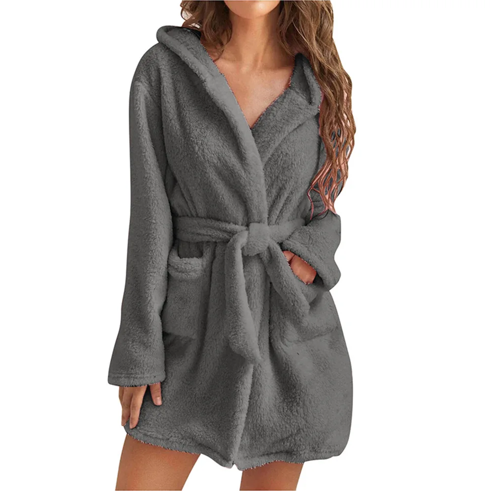 Women Plush Bathing Robe Winter Warm Fleece Hooded Bathrobe Gown Pajamas Shower Robe House Coat Sleepwear Warm Cardigans Jackets