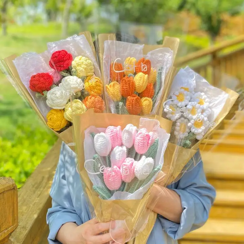 

1pc Knitting Flower Rose Carnation Fake Flowers Bouquet Wedding Decoration Hand-Woven Home Table Decorate Creative Fake Flower