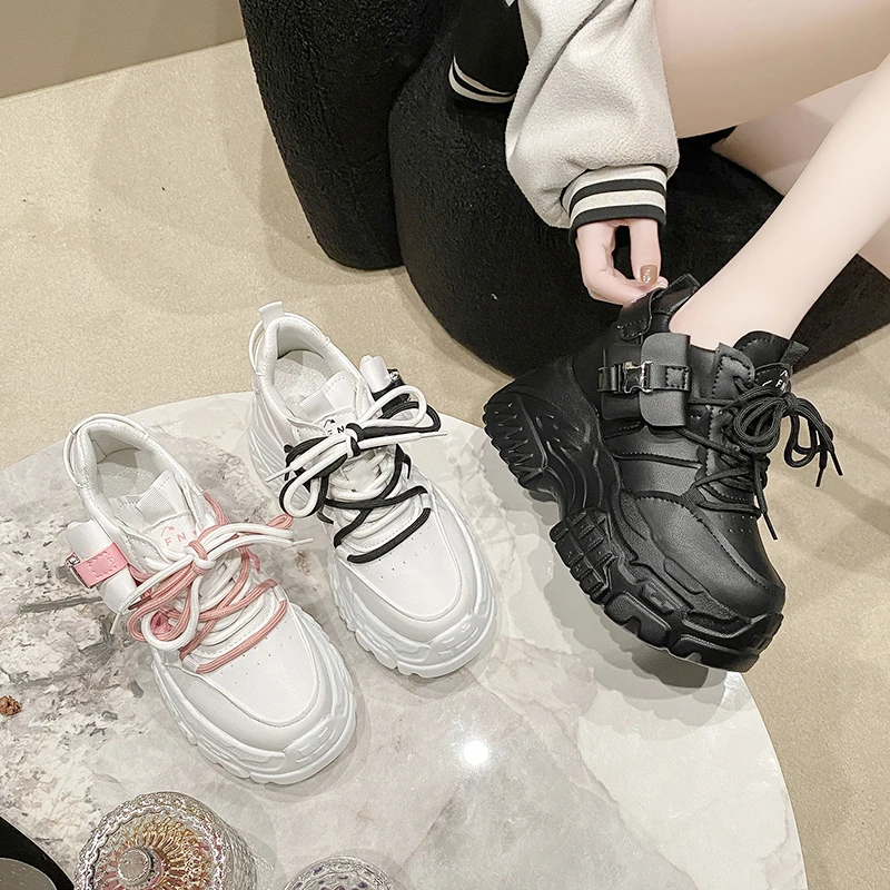 9.5CM Women Casual Leather Sneakers New 2023 Autumn Winter Lace up High Platform Shoes Thick Sole Sports Walking Dad Shoes Woman