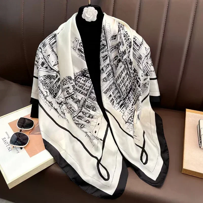 2025 Spring and Autumn New Luxury Square Silk Scarf Women Outdoor Beach Long Windproof Scarf Soft Large Scarf Lady 110*110cm 4