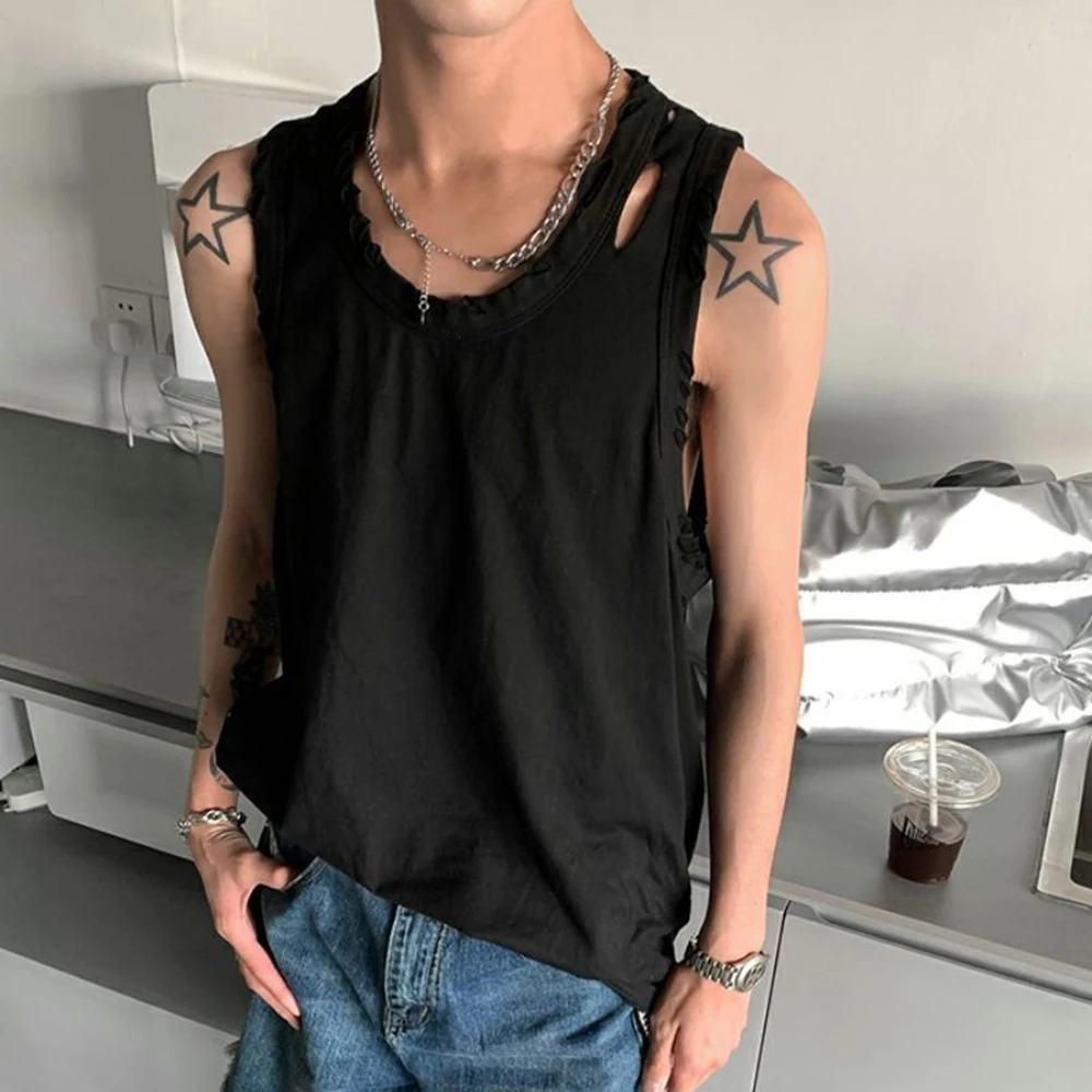

Y2k Streetwear Undershirt Men's Trend Ripped Old Sports Vest Summer LGBT Unisex Casual Sweatshirt Solid Sleeveless Top T-shirt