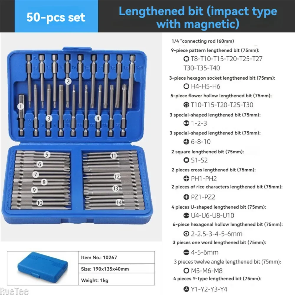 

50PCS 1/4 Screwdriver Bits Driver Bits CRV Long Set Torx Flat Head Hex Strong Magnetic High Hardness Electric Screwdriver
