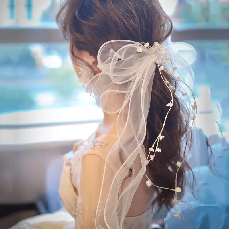 Short Ivory Bridal Veils Ruffles Tulle Wedding Accessories Marriage Bride Veils Wedding Head Veil antique gold crystal fish starfish pearl conch shells bride jewelry marriage studio crown headdress wedding hair accessories