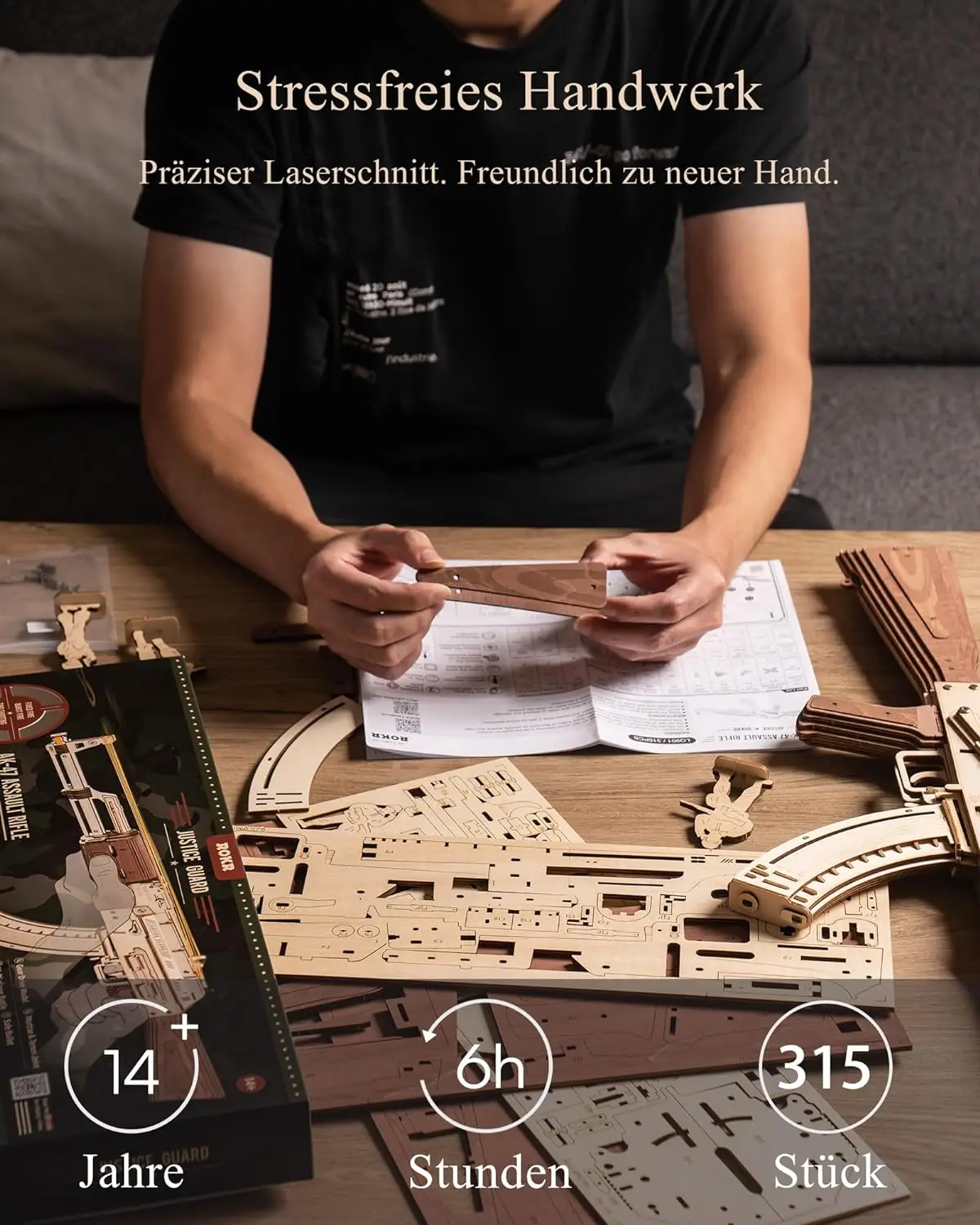 Robotime Rokr Automatic Rifle AK-47 Gun Blocks Model Buliding Kit 3D Wooden Puzzle Wooden Kits with Rubber Bands for Adults - Image 5