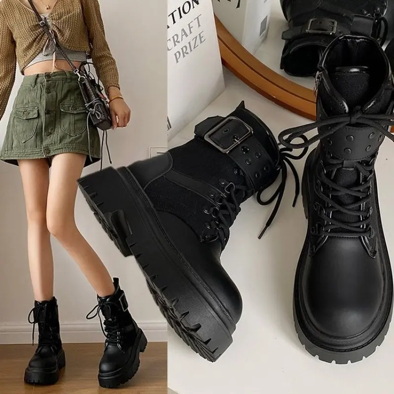 New Black Chunky Heel Platform Punk Outdoor Women's Hot Girl Knight Western Cowboy Boot English Style Fashion Comfort Ankle Boot