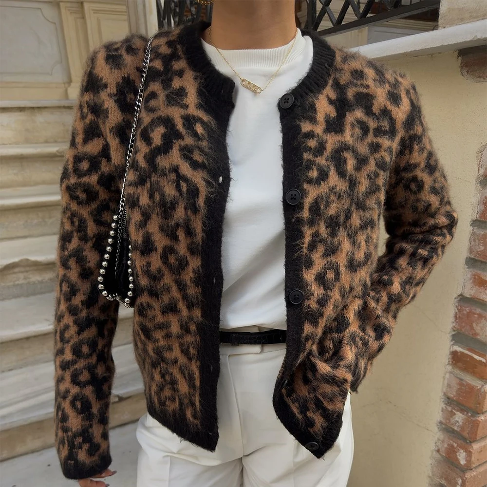 Tuularose Women's Leopard Print Cardigan Loose Casual Knitted Printed Long Sleeve Jacket Y2k Retro Autumn Warm Cardigan Top Lady 4