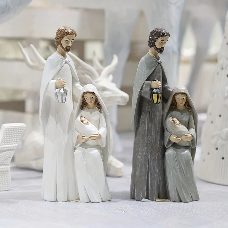 1PC Resin Craft Christmas Scene Religious Thanksgiving Christmas Ornament Retro Holy Family Figurine Statue Religious Home Decor