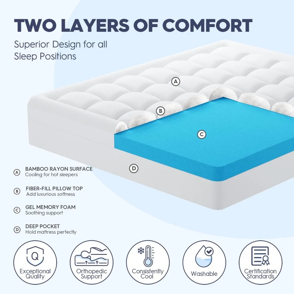 Dual Layer Memory Foam Mattress Topper , Cooling Gel Memory Foam Plus Down Alternative Pillowtop Mattress Padwith Cooling Cover