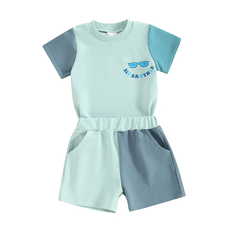 

Infant Baby Little Boy Brother Outfit Contrast Color Short Sleeve T-shirt Round Neck Elastic Waist Drawstring Summer 2Pcs