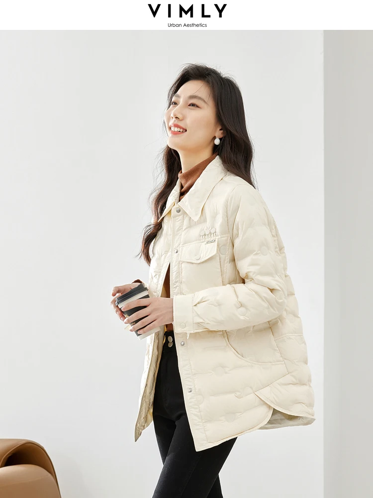 Vimly Women's Winter Lightweight Down Jacket 2023 Warm Long Sleeve White Duck Down Coat Straight Mid-length Outerwears 50650