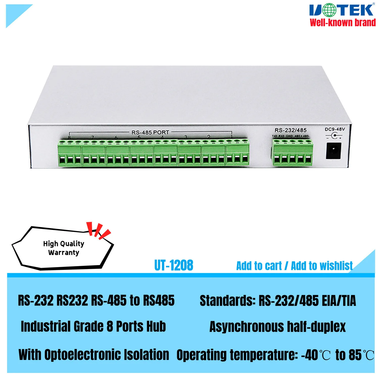 

UOTEK Industrial Grade RS-232 RS232 RS-485 to 8 Ports RS485 Hub with Optoelectronic Isolation Asynchronous Half Duplex UT-1208