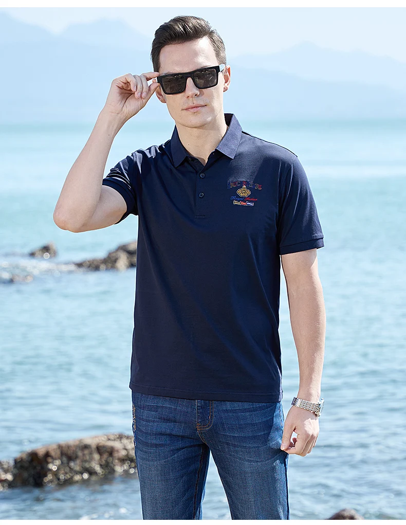 2025 Summer Solid Color Men's Short Polos Bruce&Shark Fashion Embroidery Straight Men's Navy Polo Shirt Thin Cotton Big Size 4XL 12 Sc657e3cd6e4c4c9282ce0cbd998eab06Y