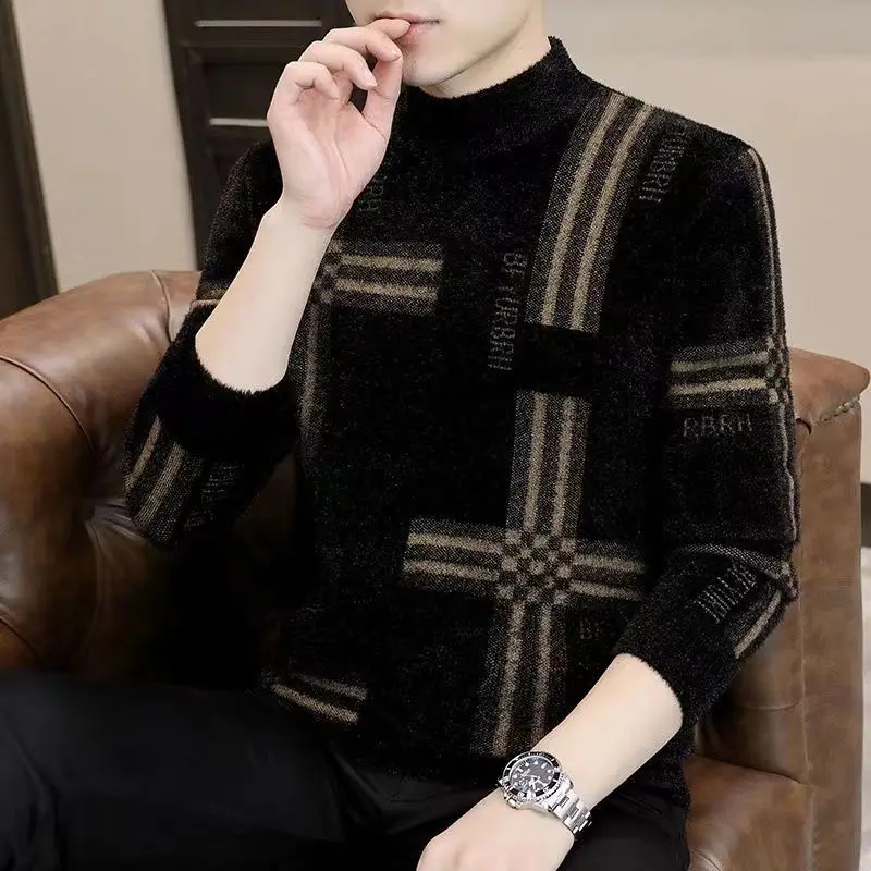 

High-End Sweater Men Half Turtleneck Mink-like Wool Knitwear for Autumn and Winter Sweater Top Trendy Thickening Bottoming Shirt