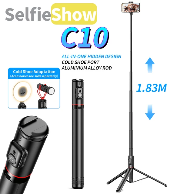 Selfieshow Selfie Stick with Wireless Bluetooth Remote, Portable 72 Inch Aluminum Alloy Phone Tripod for iOS Android Cellphone
