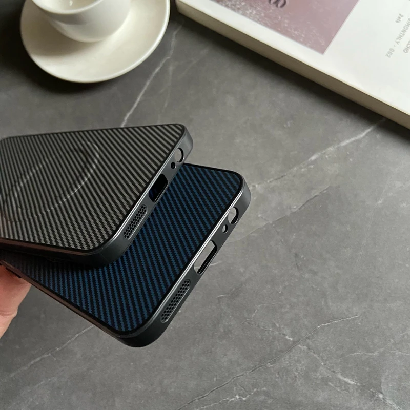 Magnetic Carbon Fiber Textured PU Leather Phone Case with Mag-Safe and Full Camera Protection