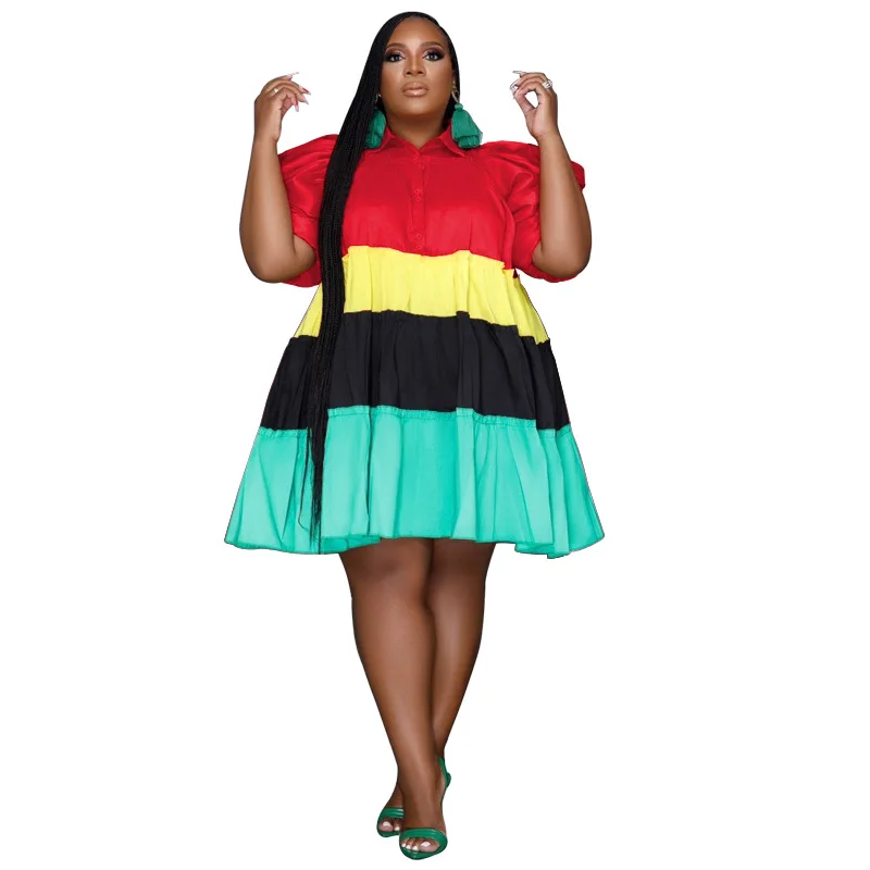 Plus Size Loose Evening Dress Patchwork Puff Sleeve Women Party Dress Female Designer Fashion Outfit 2023 Spring Luxury Robe