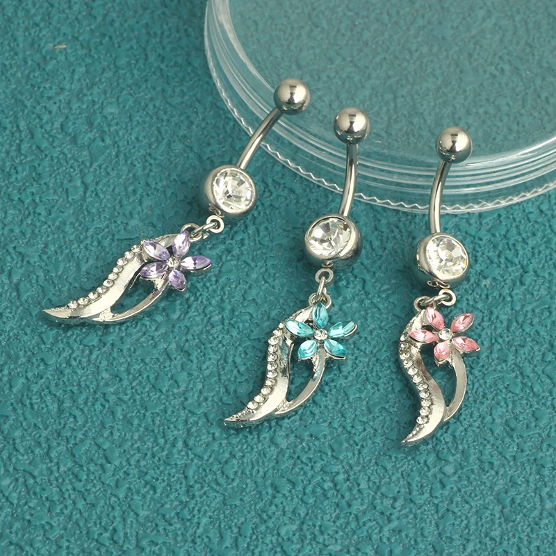 3 color mix Belly Button Rings Stainless Steel Butterfly Wing Flower Zircon Dangle for Women Belly Navel Rings Body Belly