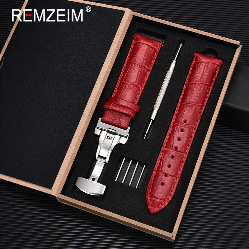 Premium Genuine Leather Watch Band with Stainless Steel Butterfly Clasp and Tool Set