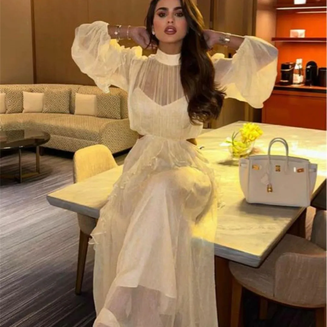 

Vintage Long Sleeve Chiffon Ivory Evening Dresses A-Line Ankle Length فساتين سهرة Prom Formal Dress for Women