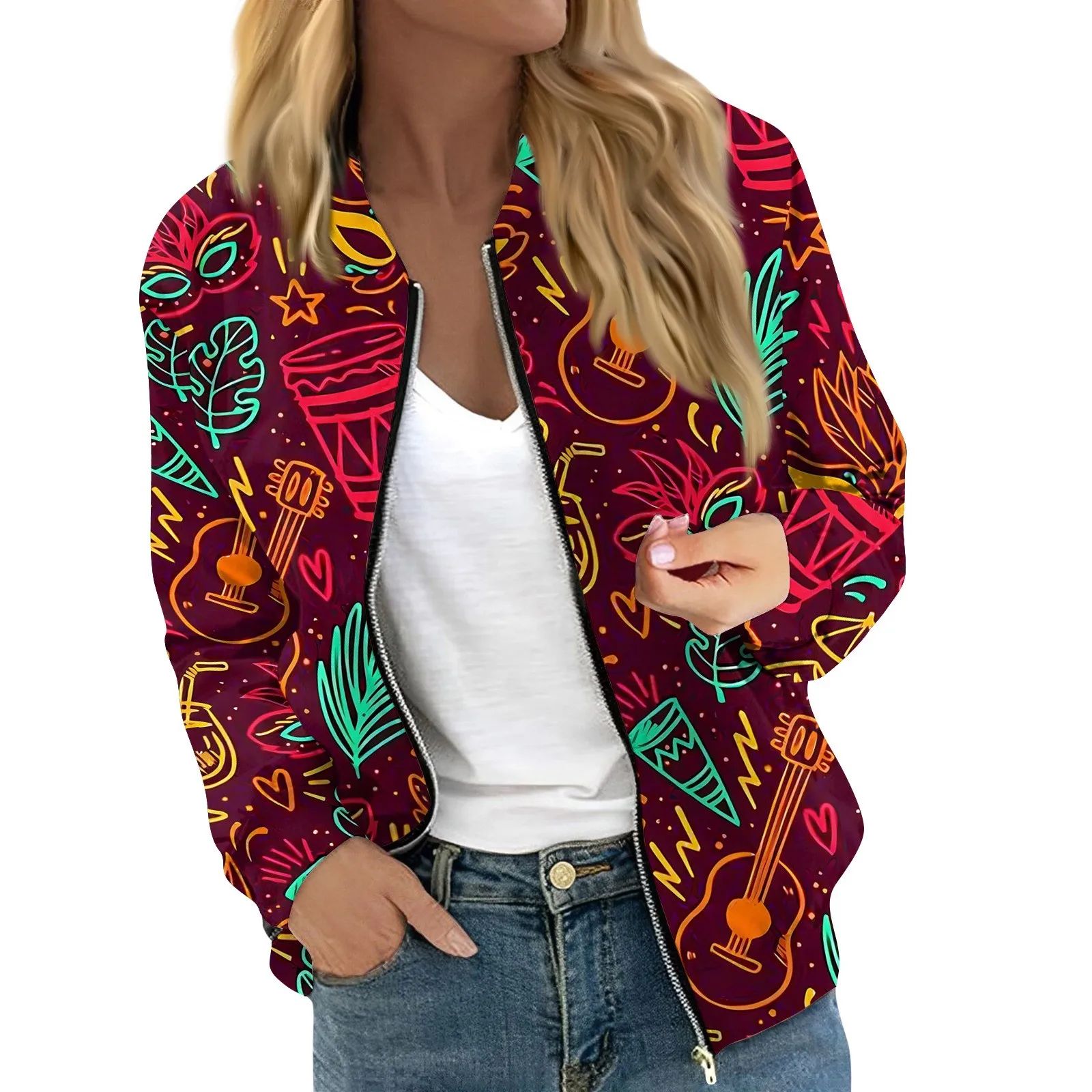 

For Women Long Sleeve Lightweight Zip Up Cropped Fashion Mardi Gras Print Outerwear Casual Quilted S Whith Pockets Personalize