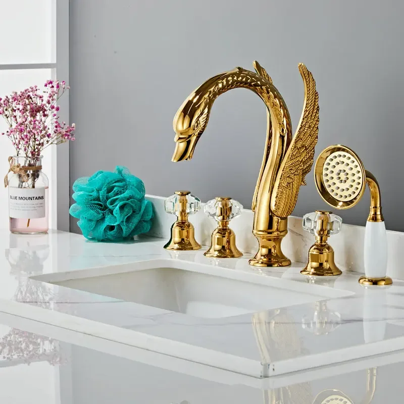Description Picture 3 of itemBasin Faucet Gold Bathtub Shower Head Swan Widespread Basin Mixer With Hand Showe Head Hot And Cold Water Tap