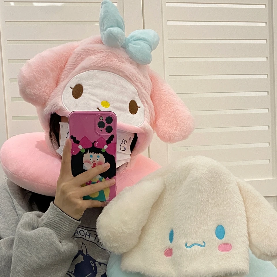 Cartoon My Melody U-shaped Hooded Neck Pillow Cinnamoroll Travel Blackout Nap Pillow Office Japanese style Pillow With Hat 2