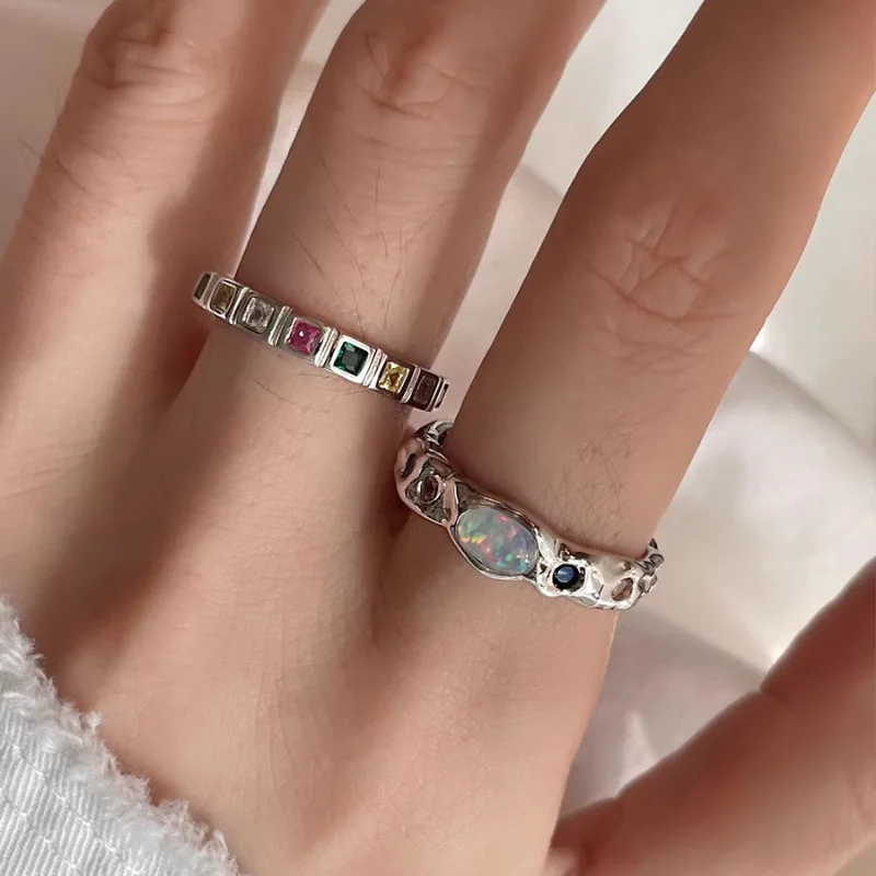 925 Silver Open Finger Ring Opal Rainbow Stone Square Punk Irregular Stackable For Women Girl Jewelry Gift