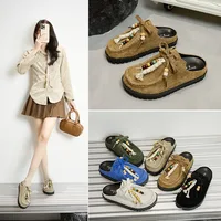 Sabots en cuir suédé de vache pour femmes et hommes, pantoufles d'été à enfiler, plates, à talons bas, confortables, mocassins souples à lacets 4