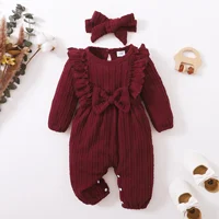 New Long Sleeve Rompers Baby Girls Spring & Autumn Jumpsuit Newborn Clothes Solid Ruffled Clothing with Headband Baby Clothing 5