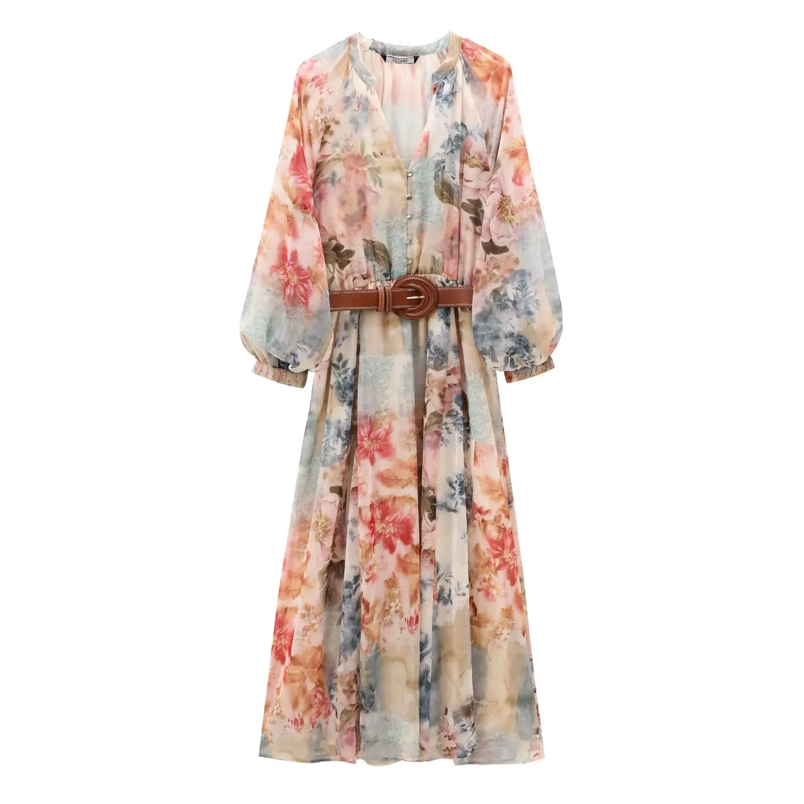 HipSeam プリントロングドレスベルト付き女性のための秋の