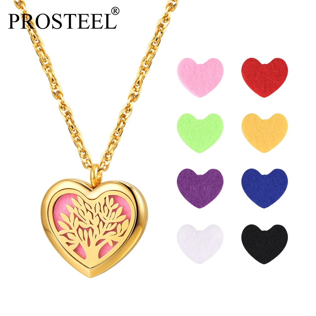 

PROSTEEL Women Valentine Jewelry Heart Necklace Tree of Life Essential Oil Diffuser Locket Pendant Charm 18K Real Gold Plated