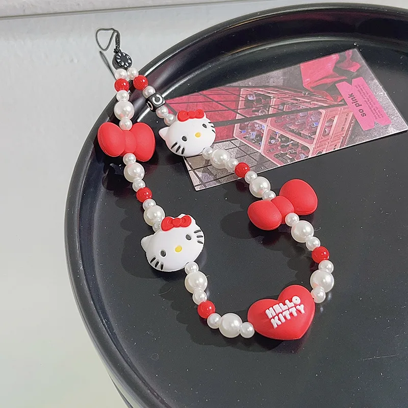 

Sanrio Hello Kitty Cute Phone Lanyard Cartoon Love Red Beaded Phone Chain Creative Cute Handstring Phone Case Accessories Gift