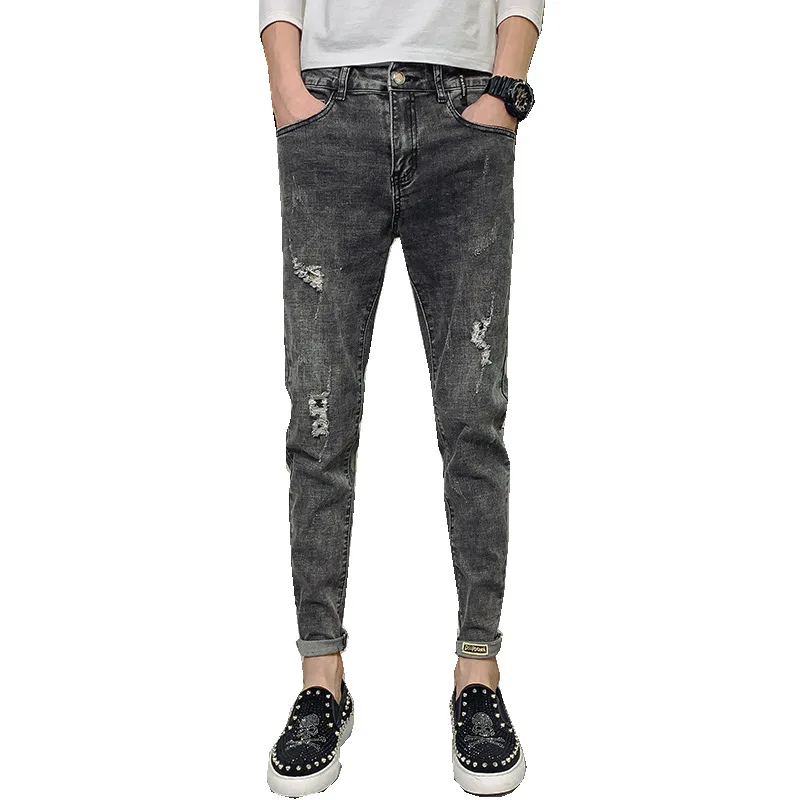 Denim Jeans Men's Korean Trendy Slim Feet 2022 Summer Thin Ripped Hole Wild Brand Casual Ankle Length Pants