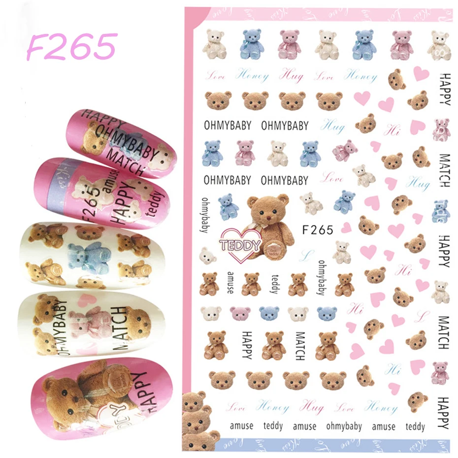 3D Kawaii Teddy Bear Nail Art Sticker Cartoon Self-adhesive Decal Cute Fantasy Design Sliders Manicure Decoration Accessories 6