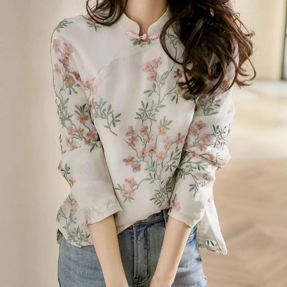 

Elegant Long Sleeve Cheongsam Shirt Chinese Style Embroidery Women Shirt Elegant Peach Blossom Retro Shirt Women's Clothing