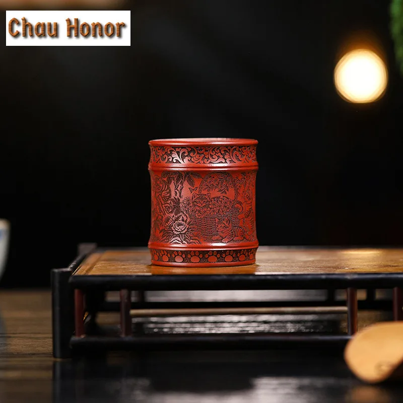 Handmade Engrave Cat Dog Purple Clay Teacup Antique Tea Bowl Jug Tea-tasting Personal Cup Chazhan Master Cups Tea Ceremony Craft