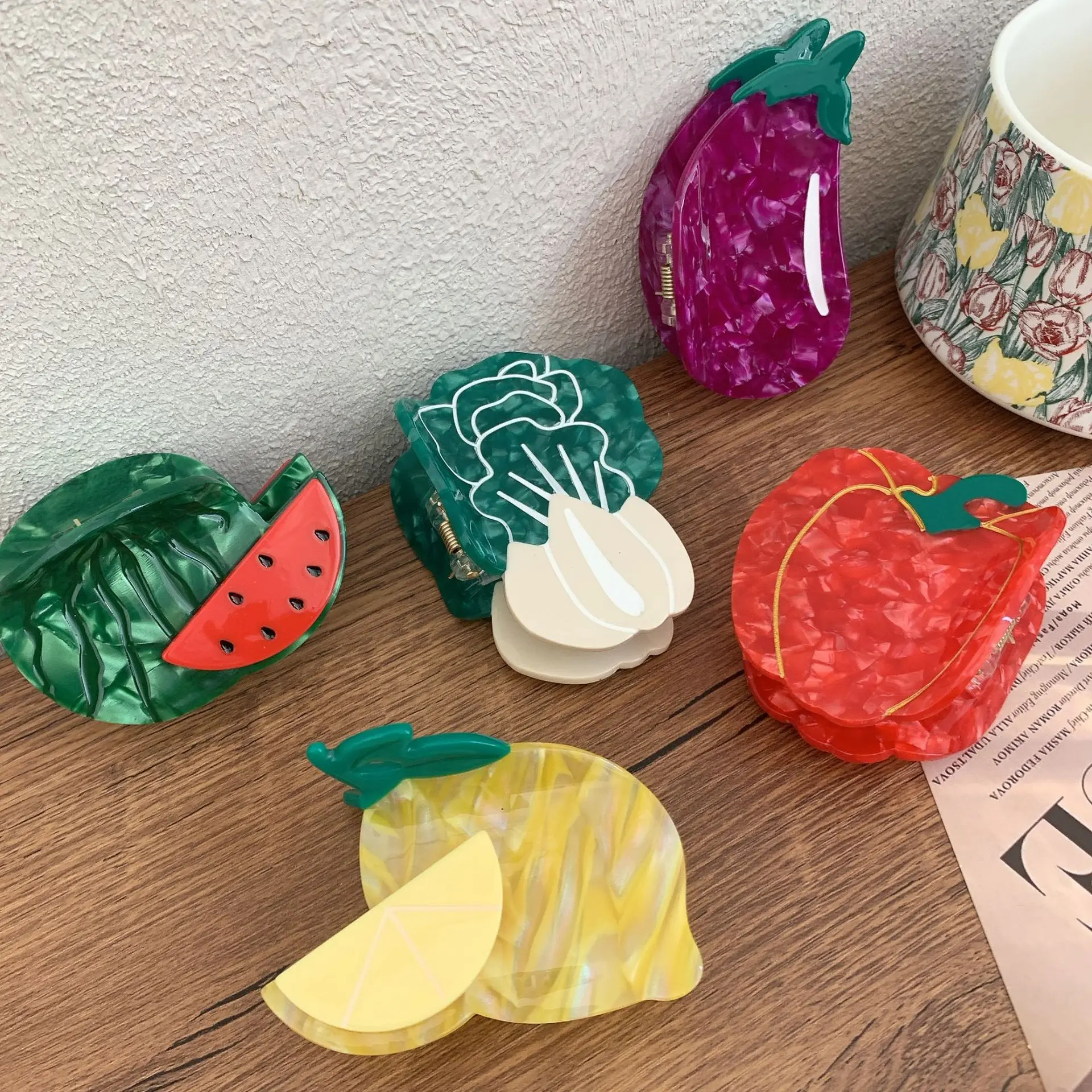 Funny Vegetable Fruit Series Hair Claw Acetate Apple Watermelon Eggplant Hair Clips Grab Shark Clip for Woman Hair Accessories