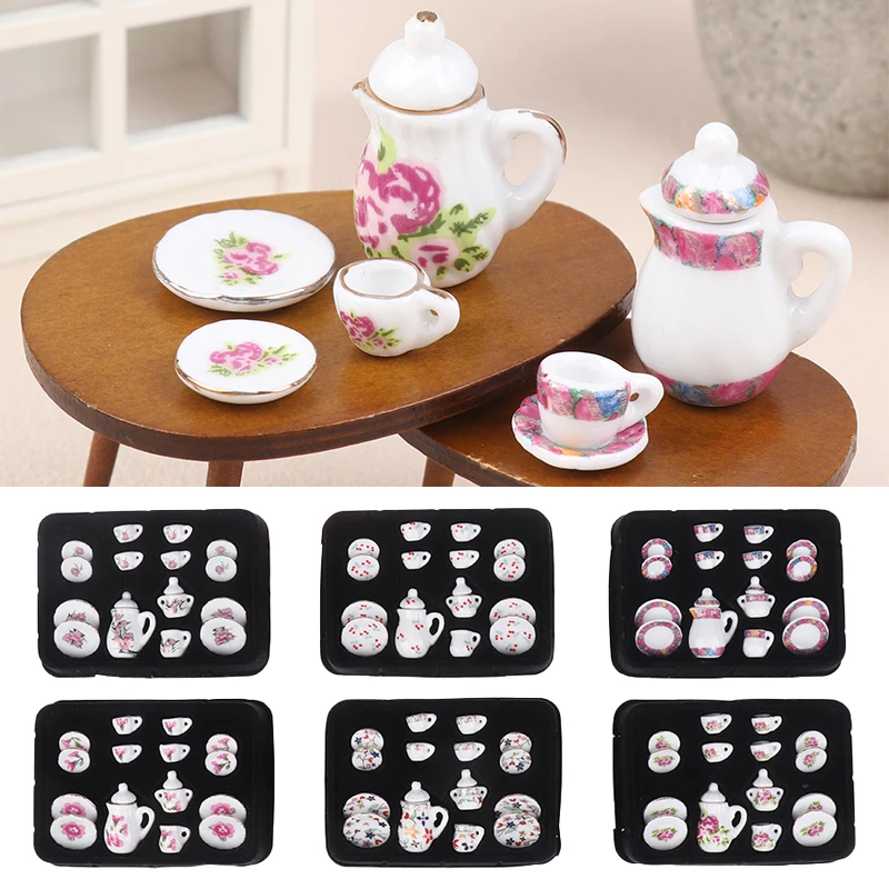 1 Satz antike Puppenhaus Miniatur Keramik Tee Set Tasse Kessel Tablett Blume Geschirr Küche Dekor Spielzeug Puppenhaus Zubehör – Detail 1