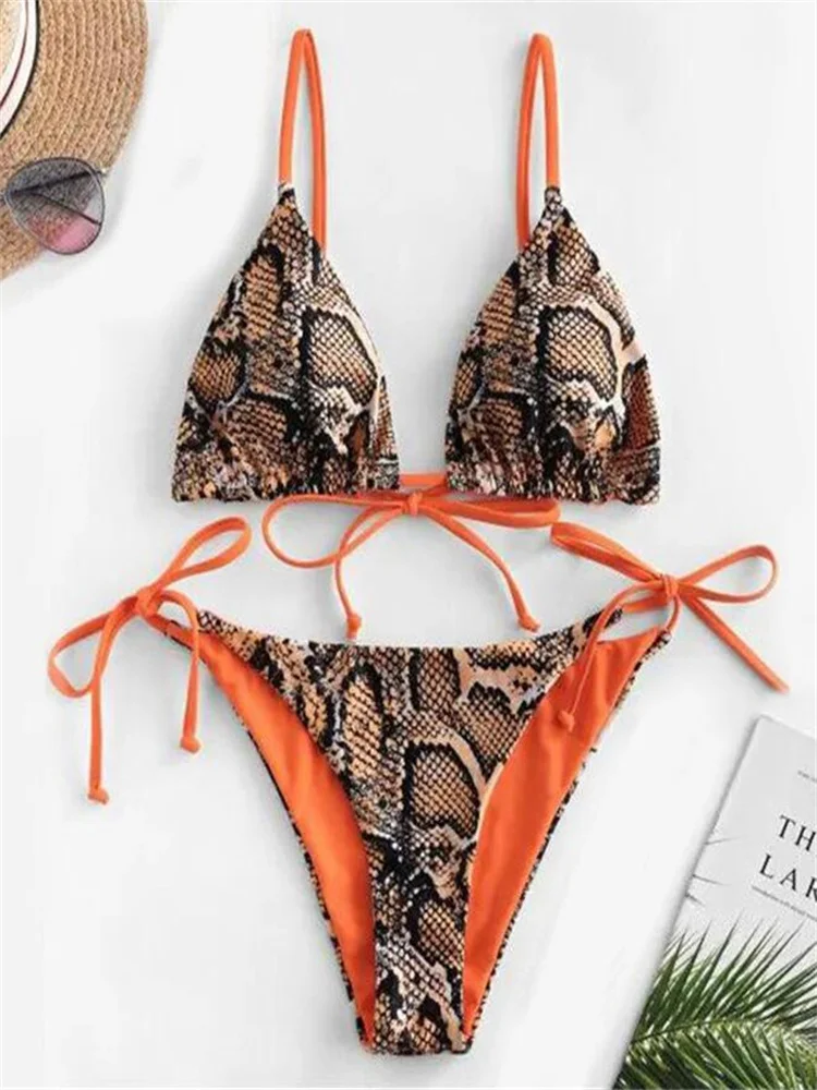 Sexy Snake Print Bikini 2021 Women Lace Up Bandage Bikinis Push Thong Swimsuit Female Bathers Bathing Suit Swimwear Biquini | Женская
