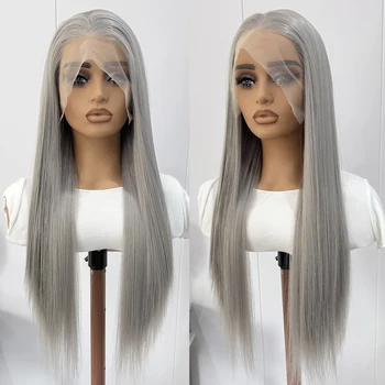 Light Grey Lace Front Wig Long Silky Straight Synthetic Wigs for Women Heat Resistant Daily Use Cosplay Wig Natural Hairline